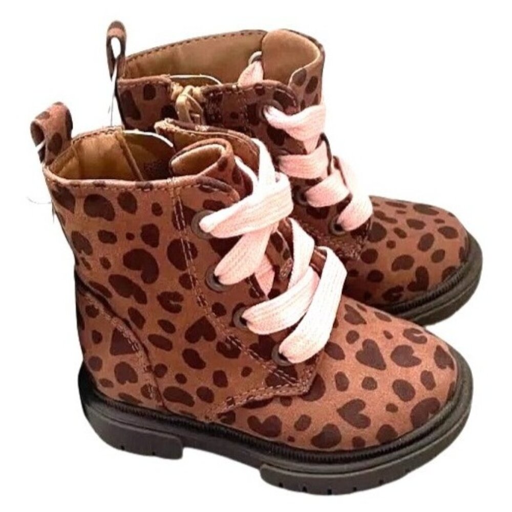 Cat & Jack Leopard Print Girls Boots With Pink Laces & Side Zipper Size 5 NWT